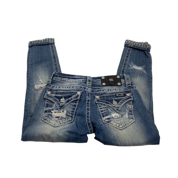 Miss Me Cropped Jeans Sz 24 Aztec Embroidered Cuff Bling Pockets - Picture 1 of 5